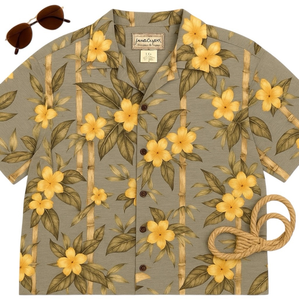 Jamaica Jaxx Silk Bamboo Hibiscus Hawaiian Shirt L Tan Yellow Floral Resort EUC